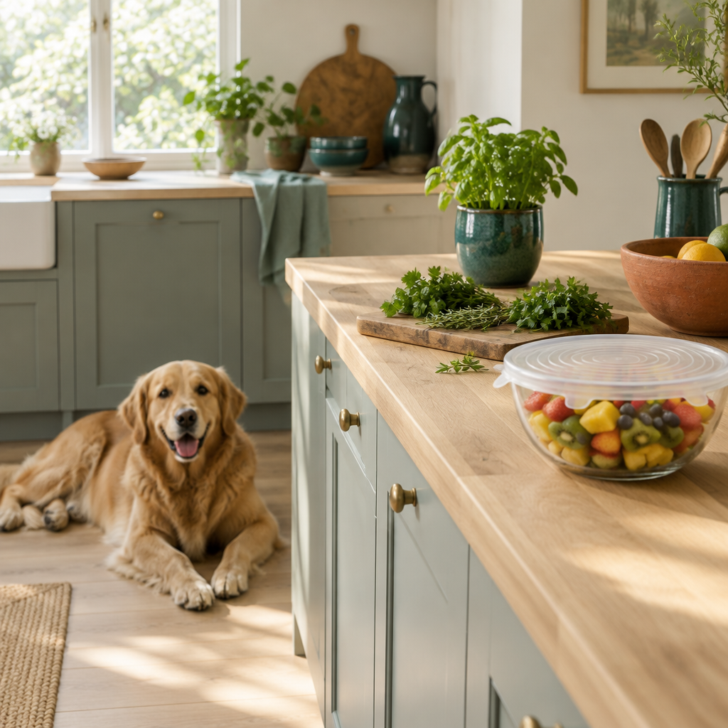Bright kitchen counter with covered fruit bowl and fresh herbs, a golden retriever resting nearby