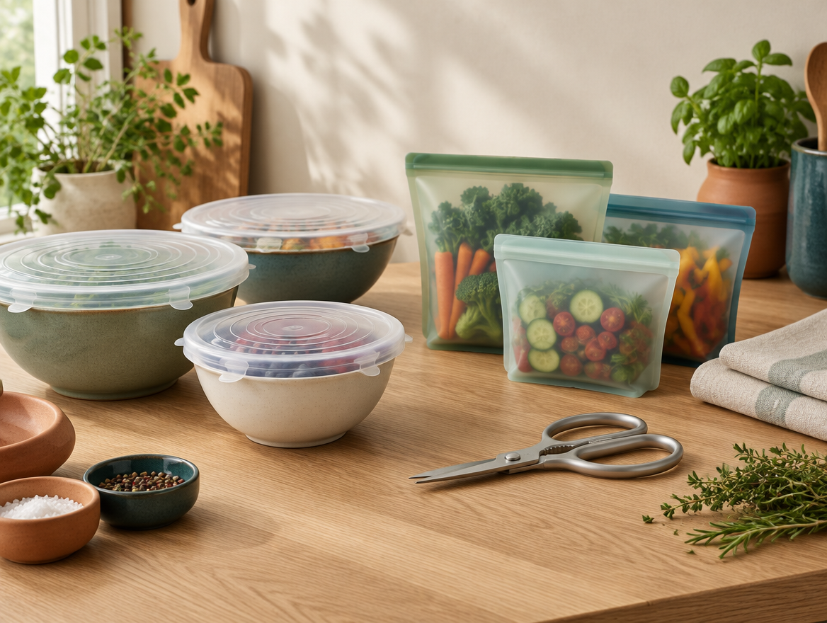 Kitchen essentials on an oak counter: silicone lids, reusable storage bags and herb scissors