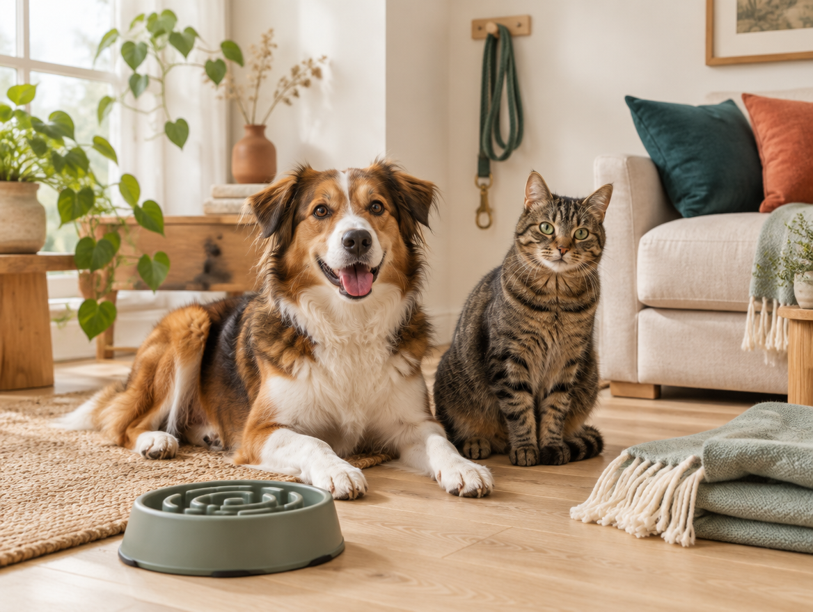 A dog and a cat relaxing in a bright living room with a slow feeder bowl and blanket